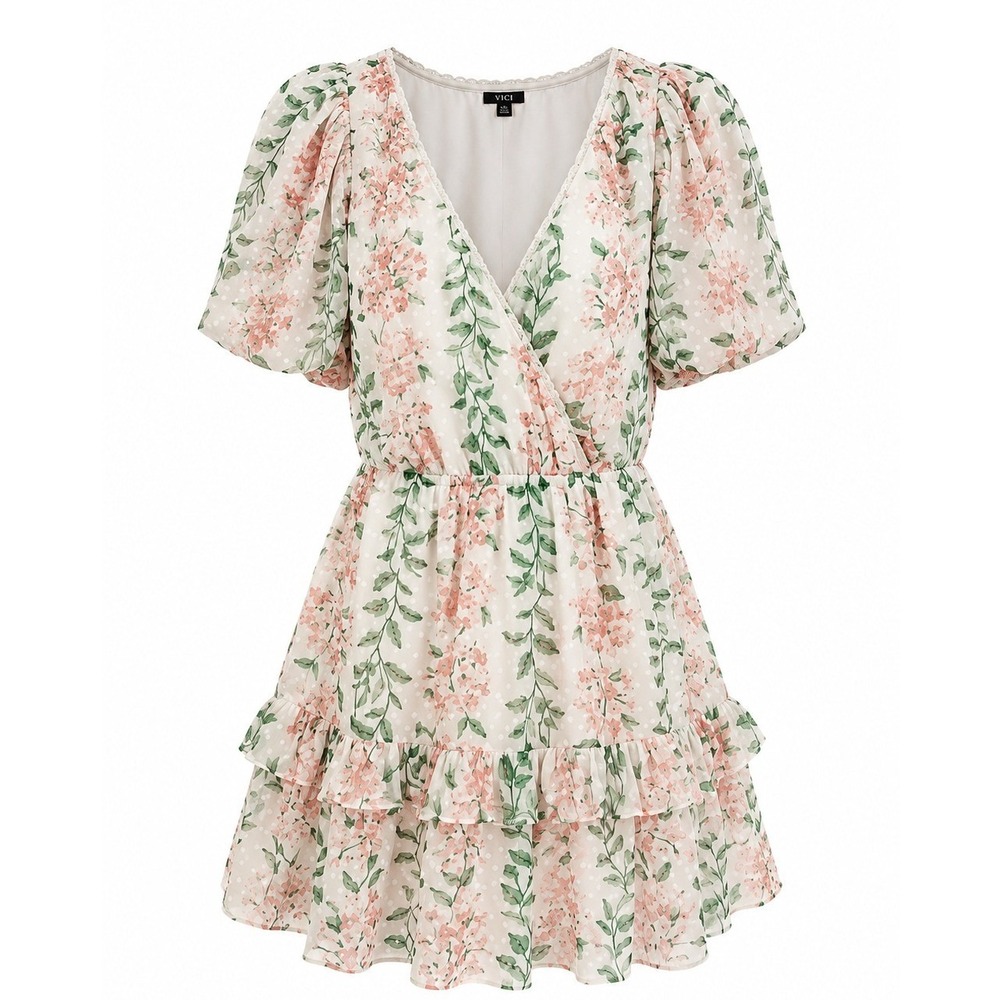 VICI Floral Swiss‎ Dot Ruffle Mini Dress Pink Green V-Neck Puff Sleeve Medium